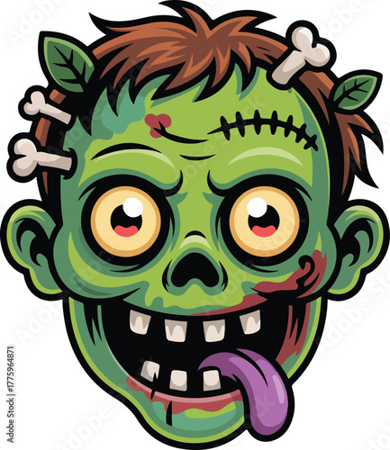 Cartoon zombie head vector illustration with green skin stitches bones and blood splatters ideal for Halloween designs