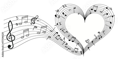 Vector treble clef and music notes flowing into a heart shape on a white background in a black and white drawing