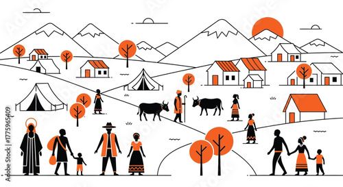 Village life illustration vector art rural scene graphic design editable vector