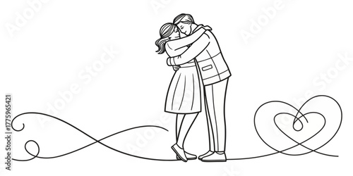 Vector a couple embracing with a heart shape formed by a continuous line illustration in black and white style