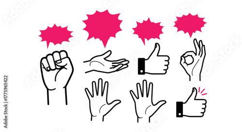 Collection of diverse hand gestures and speech bubbles for communication and ideas