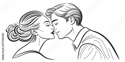 Vector a stylized black and white drawing of a couple embracing and about to kiss each other tenderly