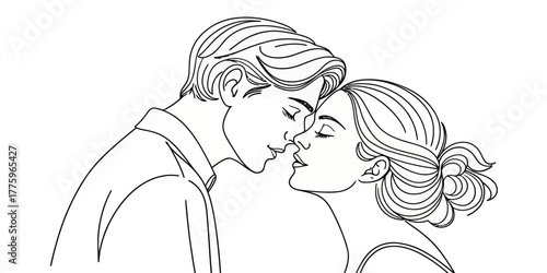 Vector line art illustration of a couple embracing with closed eyes in a romantic moment together now and forever