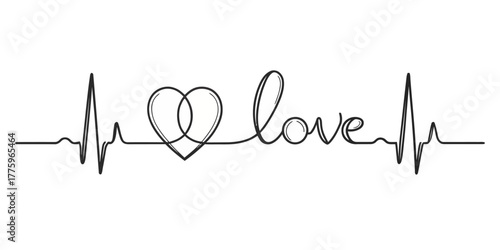 Vector heartbeat line forming a heart shape and the word love in black on a white background design art