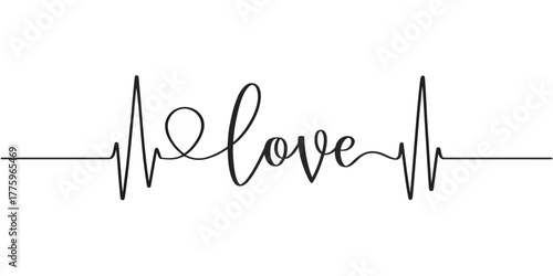 Vector illustration of the word love integrated into a heartbeat line in black and white color scheme