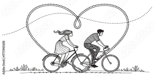 Vector a couple riding bicycles under a heart shaped dotted line in a black and white illustration style image