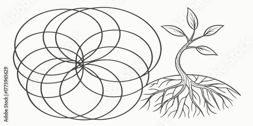 Vector illustration of a plant with leaves and roots next to a series of overlapping circles forming a design