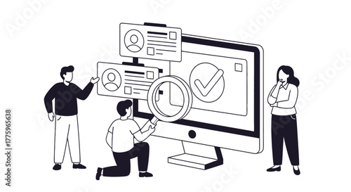 Team reviewing candidate profiles on a computer screen with a magnifying glass for recruitment