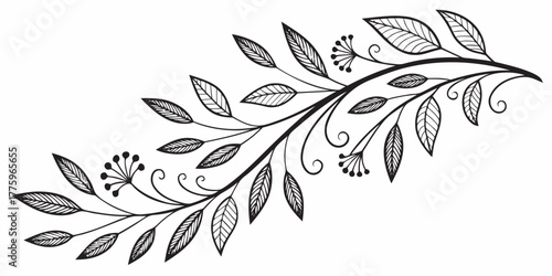 Vector illustration of a stylized branch with leaves and berries in black and white drawing style