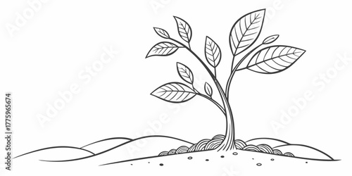 Vector illustration of a young tree with leaves growing on a small hill in black and white simple drawing