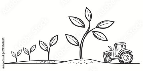 Vector progression of plant growth from seedling to maturity with a tractor in a black and white illustration