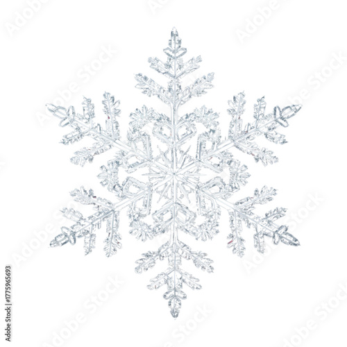 Detailed close-up of a single, intricately formed snowflake with delicate crystalline structures on a pure white background, showcasing its unique hexagonal symmetry
