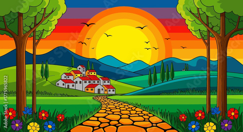 Vibrant sunset over a picturesque village nestled in rolling green hills, with a stone path leading to the homes.