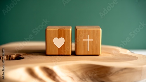 Wooden blocks featuring heart and cross, symbolizing profound love and unwavering spiritual faith