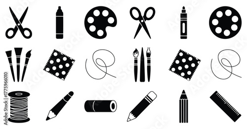 Art and craft silhouette icon set featuring solid filled symbols for creativity, design, DIY projects, painting, drawing, crafting, hobbies, illustration, decoration, digital design, and creative work