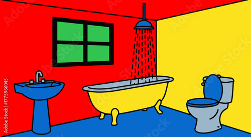 Vibrant and colorful bathroom scene with bathtub, sink, and toilet