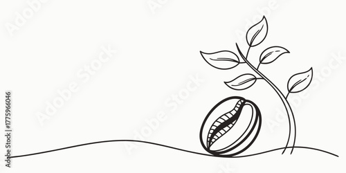Vector single line drawing of a coffee bean with a plant growing next to it on a white background scene