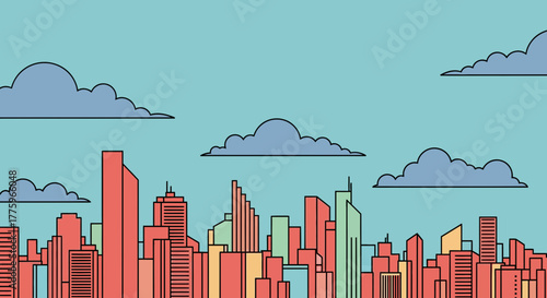 Stylized cityscape with colorful buildings under a cloudy sky