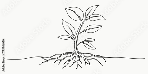 Vector illustration of a plant with roots and leaves in black outline against a white background design element