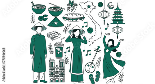 Vibrant illustration celebrating Vietnamese culture with traditional attire, food, and landmarks.
