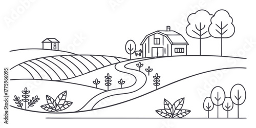 Vector a farm landscape illustration with a barn, fields, trees, and a winding path in a simple line drawing style