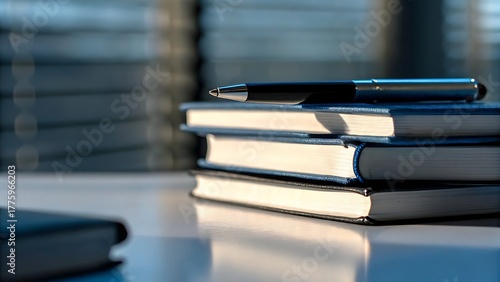 A pen rests atop a stack of three books on a table in front of a window with sunlight shining through