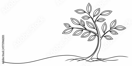 Vector illustration of a stylized tree with leaves and roots in black outline on a white background space filling