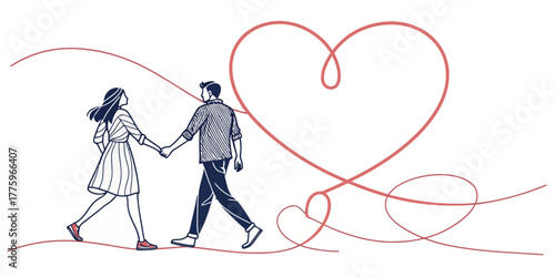 Vector a couple walking hand in hand with a heart shaped line connecting them on a white background scene art