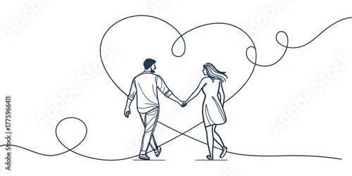 Vector couple walking hand in hand with a heart shape outline in the background in a line art style