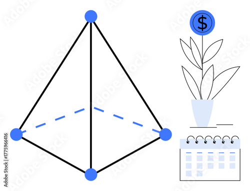 Geometric 3D shape with dots and lines, plant in pot with dollar coin, notepad calendar. Ideal for finance, growth, strategy, planning, organization investment business. Simple flat metaphor