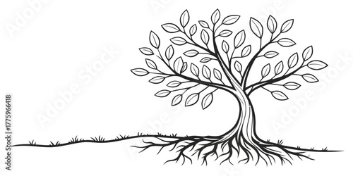 Vector illustration of a stylized tree with leaves and roots in black and white outline design element