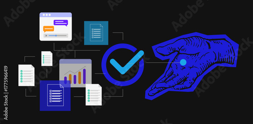 Document management system (DMS) and quality control concept. Digital documents, approval workflow, standard compliance, and ISO certified data management illustration with check mark.