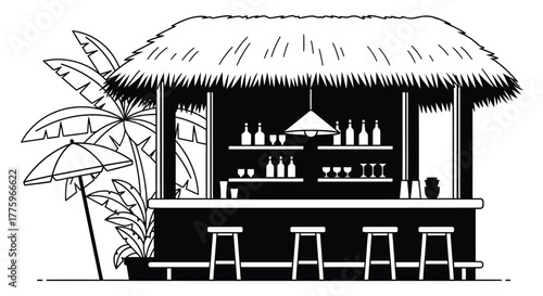 Beach bar illustration summer vacation tropical drinks bar stools editable vector