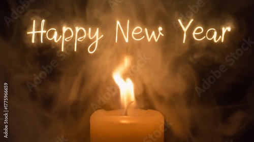 Candle flame transforming into glowing HAPPY NEW YEAR text with warm surreal smoke trails