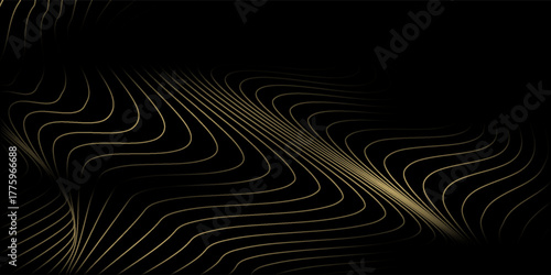 3D Vector wave lines pattern smooth curve flowing dynamic gold gradient light isolated on black background for concept of luxury, technology, digital, communication, science, music
