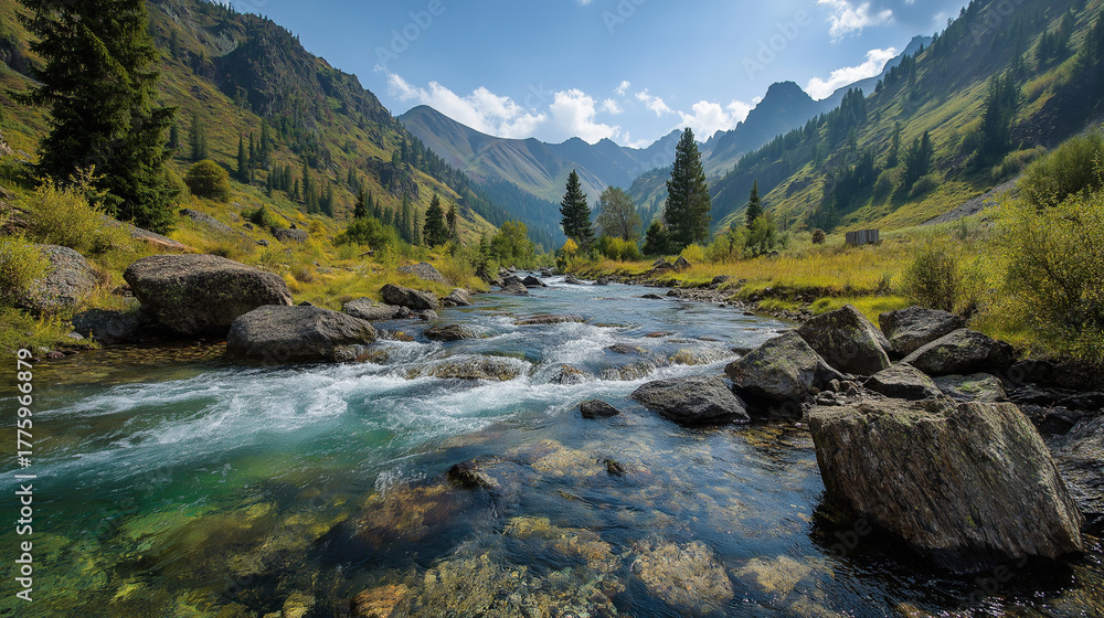 Fototapeta premium clear river flowing through mountain valley, untouched nature