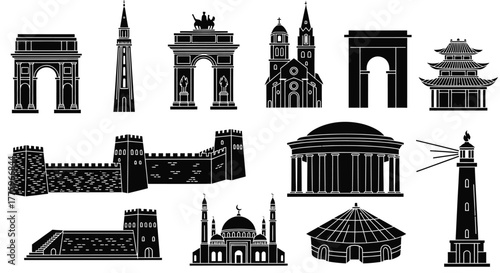 Famous landmarks architecture monuments building vector silhouette editable vector