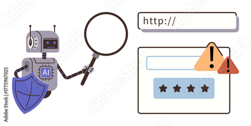 Robot with AI badge inspecting a URL with a magnifying glass. Alert icons and review stars indicate cybersecurity, protection, and threat detection. Ideal for safety, technology, AI, analysis