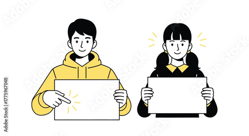 Illustration of people holding blank signs for marketing promotion editable vector