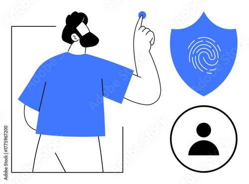 Male figure interacting with biometric authentication, security shield displaying fingerprint icon, and user profile symbol. Ideal for cybersecurity, identity verification, technology, privacy