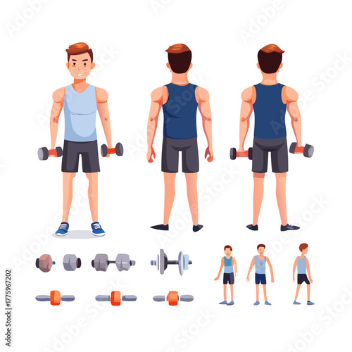 Sporty man wearing fitness clothes holding dumbbells. Character constructor for animation. Front, side and back view set. Body parts, postures, poses collection. Vector illustration.
