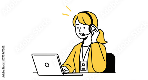 Friendly customer service representative wearing a headset and working on a laptop, offering assistance.
