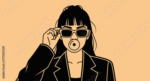 Stylish young woman with sunglasses and bubblegum blowing a bubble, looking cool and confident.