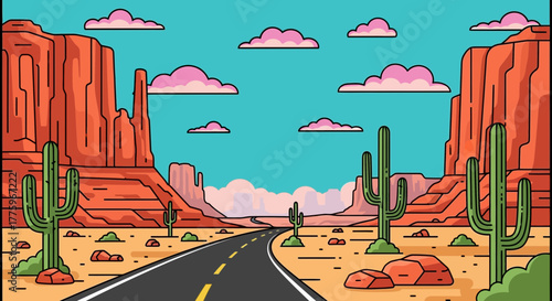 Expansive desert road leading through majestic red rock formations under a vibrant sky.