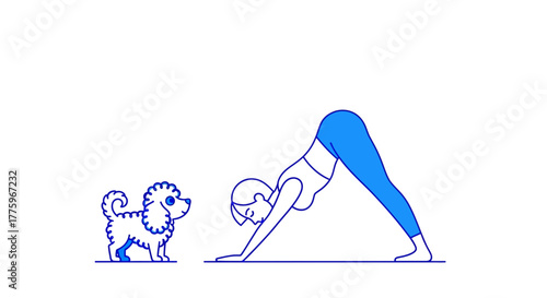 Woman practicing downward-facing dog yoga pose with her playful dog
