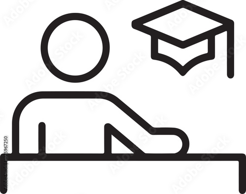 Student sitting at desk with graduation cap icon symbolizing education