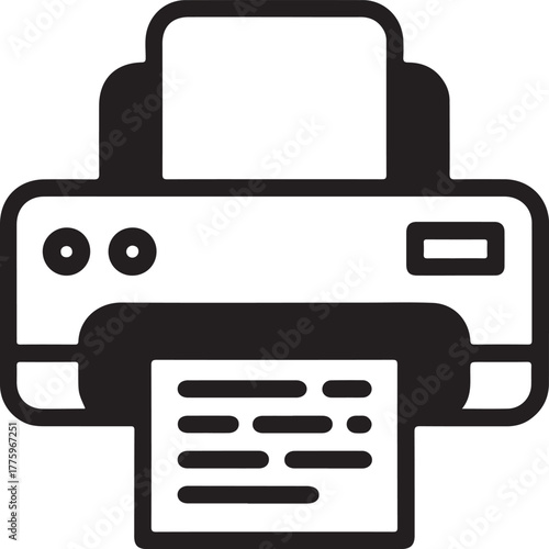 Simple black and white icon of a printer producing a document