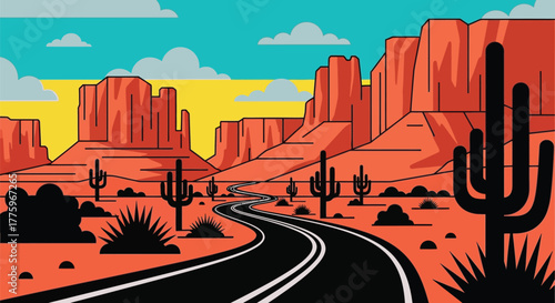 Desert landscape illustration with road and cactus vector design editable vector