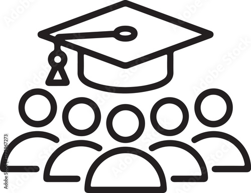 Graduation cap above a group of diverse students in a line