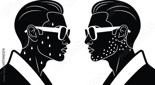 Illustration of men with sweat and beard shadow black and white editable vector